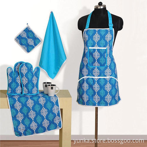 Set of Apron include Bib Apron  Oven Mitt Pot Holder Kitchen Towel Beautiful Flower Design